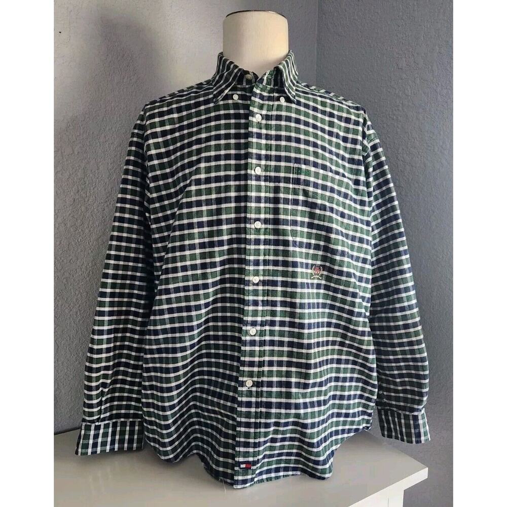 Vtg 90s Tommy Hilfiger Checker Men's L Button Down Shirt Lions Crest & Flag